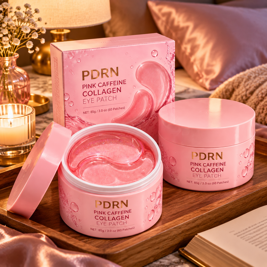 PDRN Pink Caffeine Collagen Eye Patches — 2 Tubs (120 Patches) — nightstand