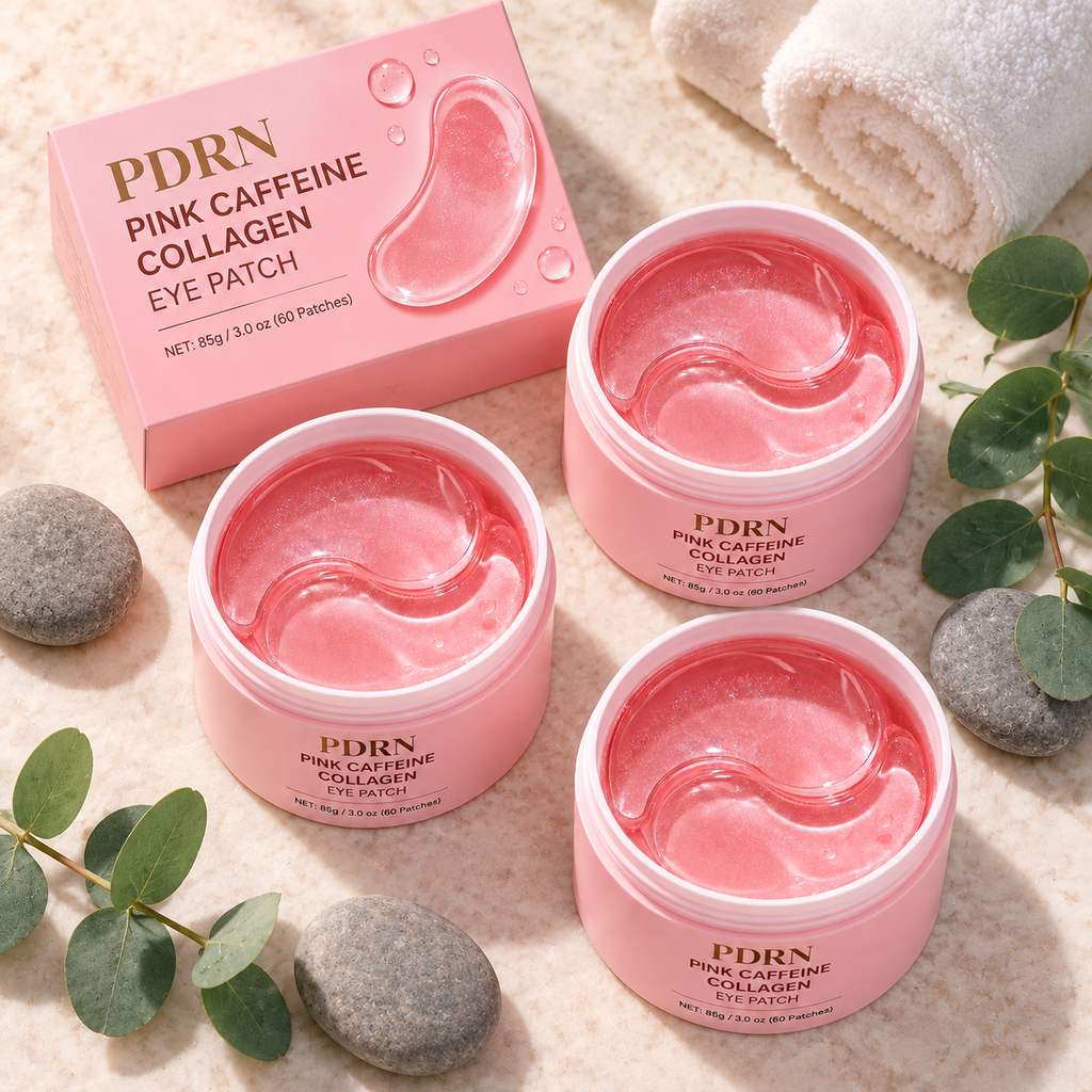 PDRN Pink Caffeine Collagen Eye Patches — 3 Tubs (180 Patches) — flatlay