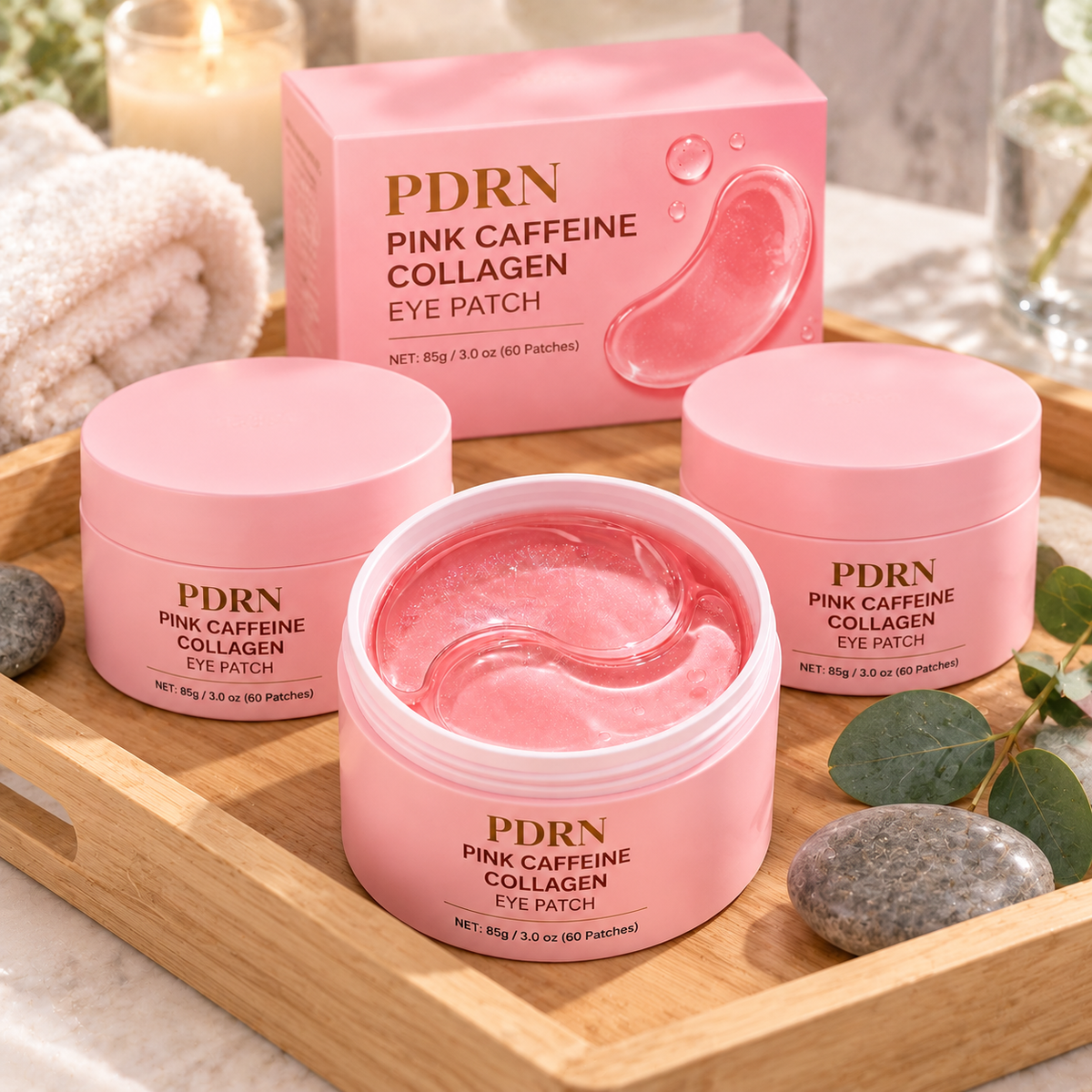 PDRN Pink Caffeine Collagen Eye Patches — 3 Tubs (180 Patches) — tray