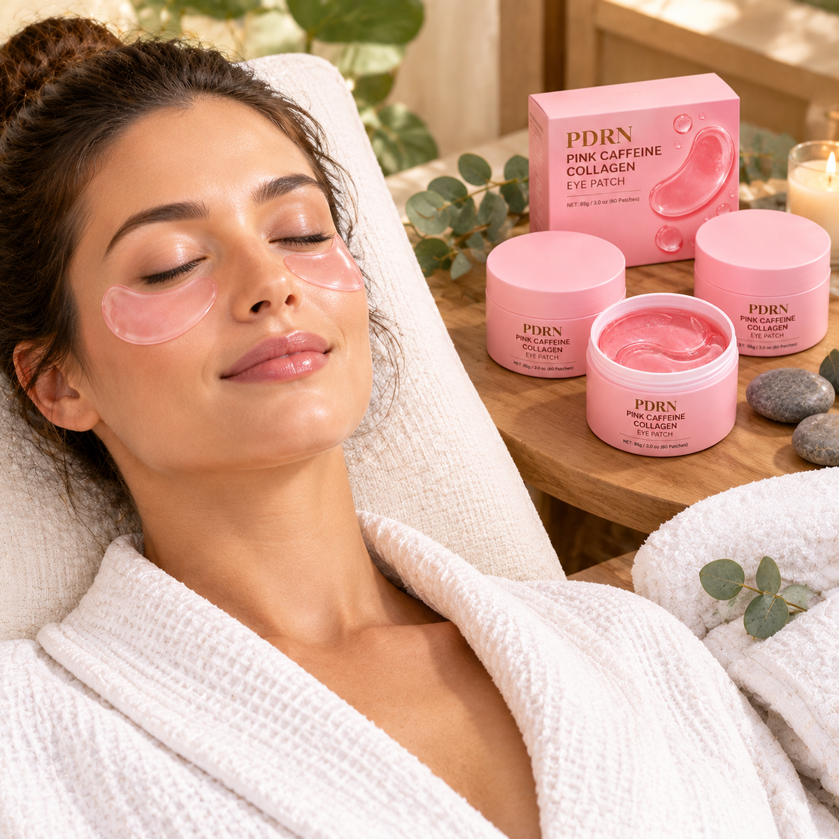 PDRN Pink Caffeine Collagen Eye Patches — 3 Tubs (180 Patches) — in use
