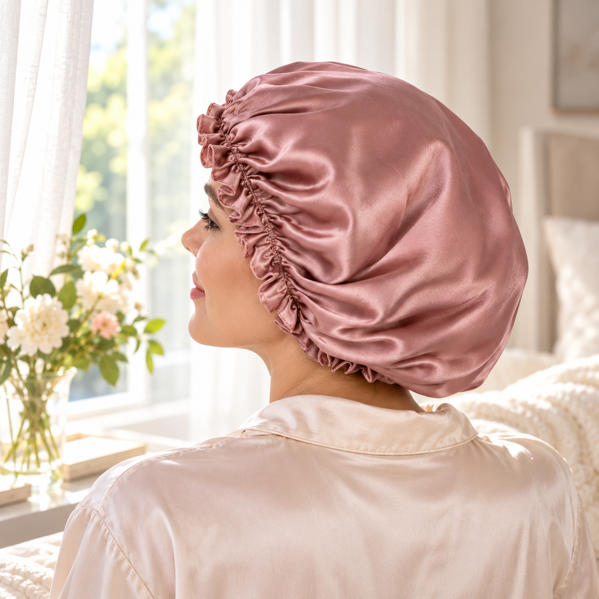 100% mulberry silk bonnet - back view