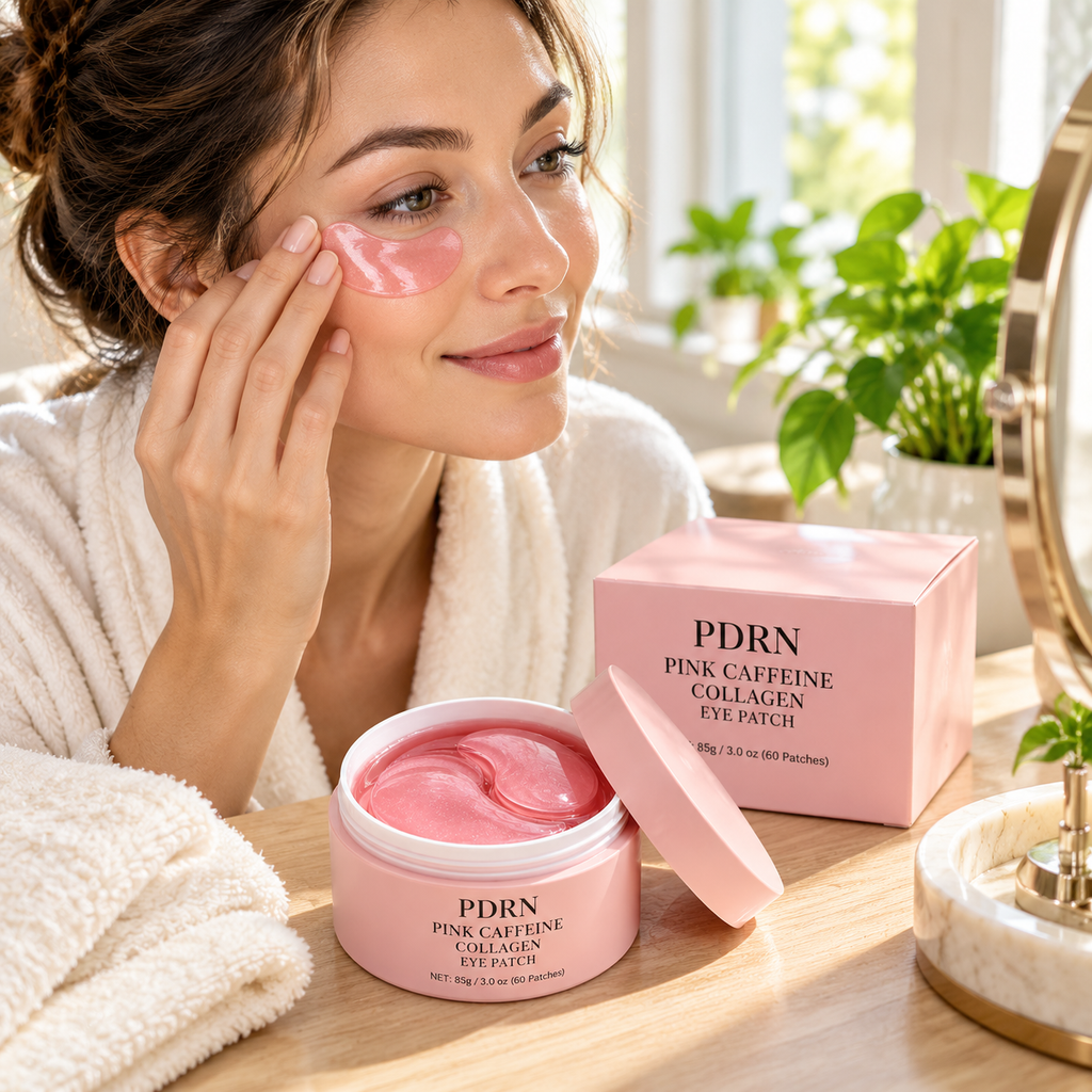 PDRN Pink Caffeine Collagen Eye Patches — 60 Patches (30 Pairs) — in use