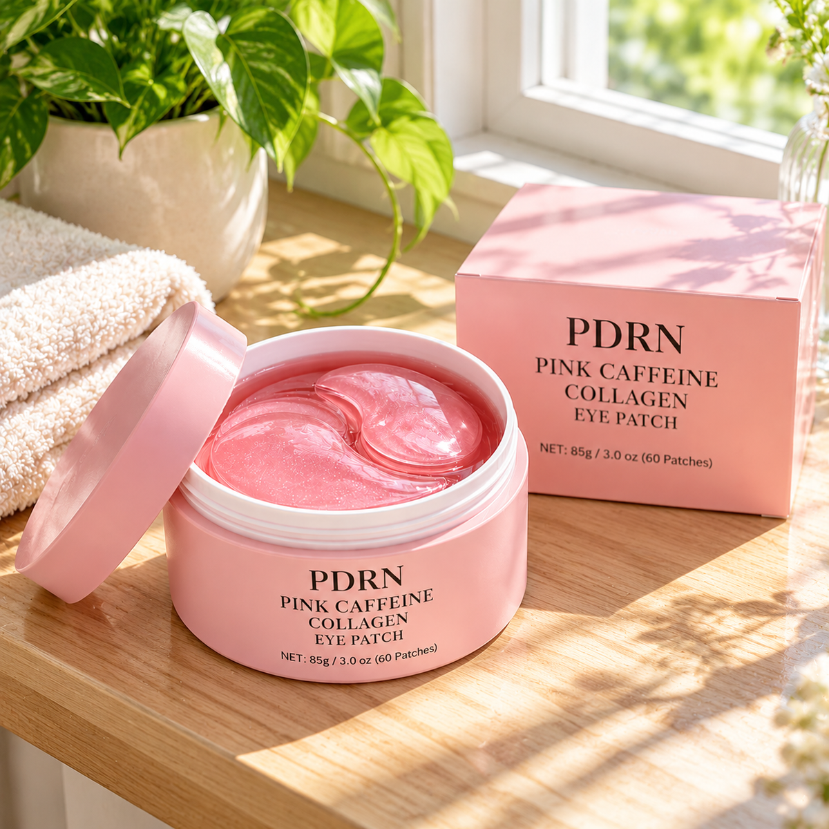 PDRN Pink Caffeine Collagen Eye Patches — 60 Patches (30 Pairs) — windowsill
