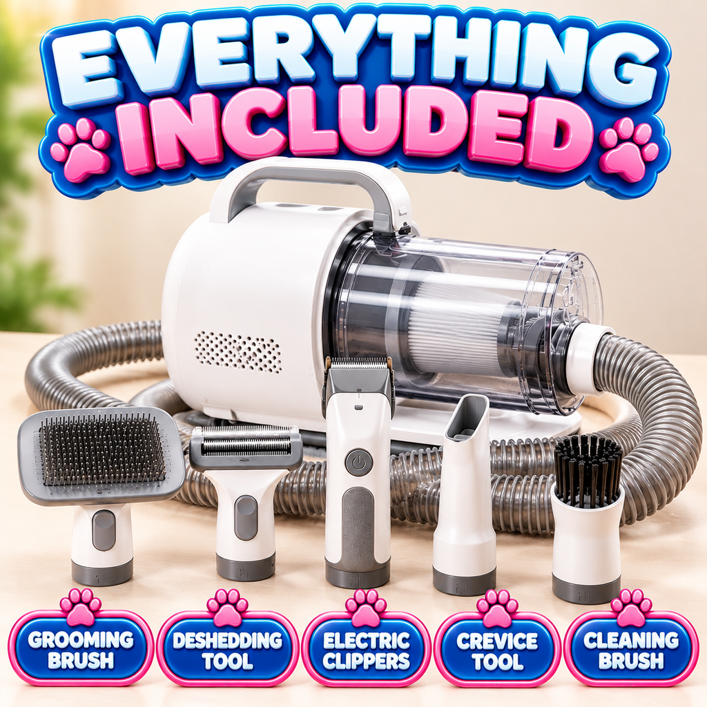 Pet Grooming Vacuum Kit — 5-in-1 Grooming Vacuum with 2.5L Washable Dust Cup, 3 Suction Modes & Cordless Clippers