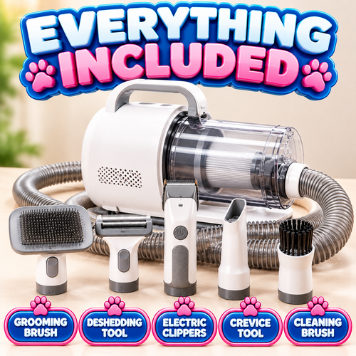 Pet Grooming Vacuum Kit — 5-in-1 Grooming Vacuum with 2.5L Washable Dust Cup, 3 Suction Modes & Cordless Clippers