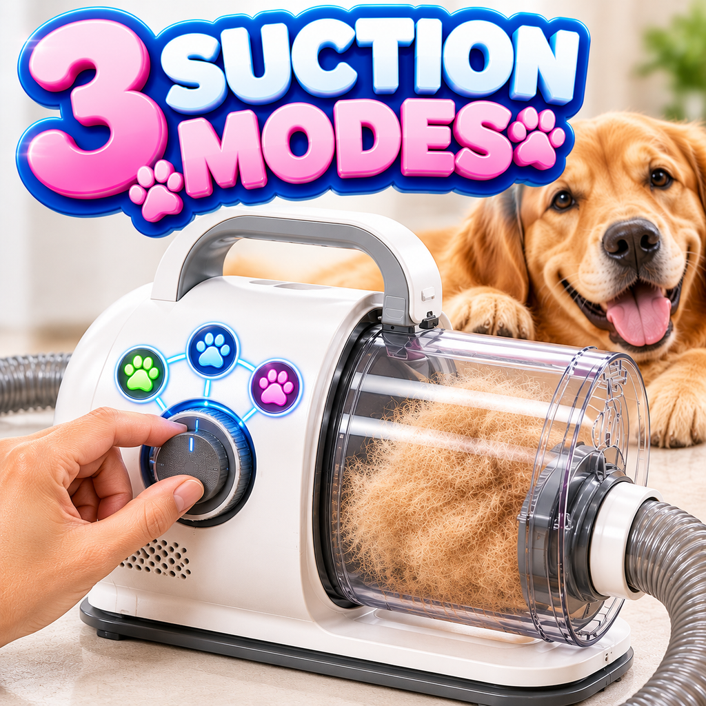 Pet Grooming Vacuum Kit — 5-in-1 Grooming Vacuum with 2.5L Washable Dust Cup, 3 Suction Modes & Cordless Clippers